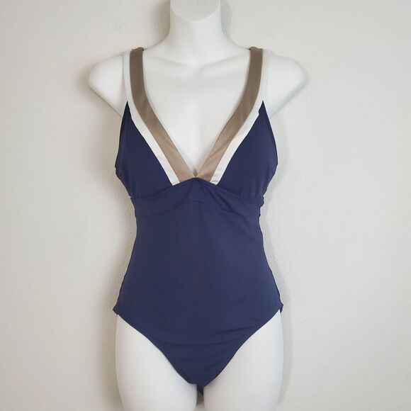 Esprit Women's Swimsuit Large Navy Blue One Piece Summer Beach Old Money Vacay - Picture 2 of 11